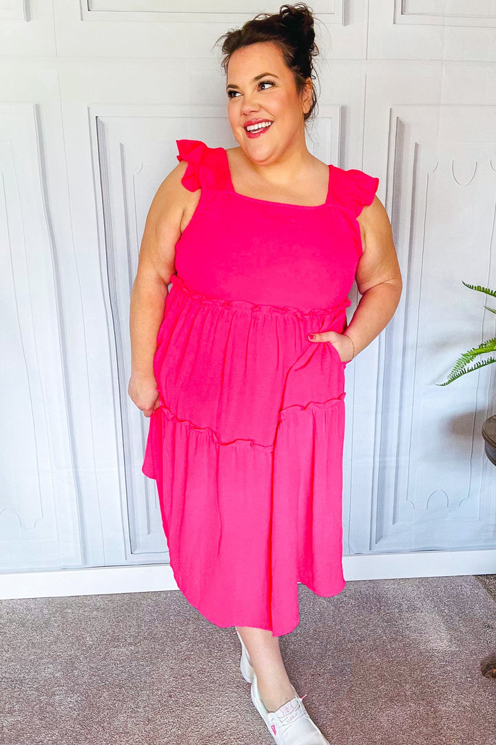 Lots To Love Fuchsia Smocked Flutter Sleeve Tiered Midi Dress | Nikki &amp; Co. Boutique