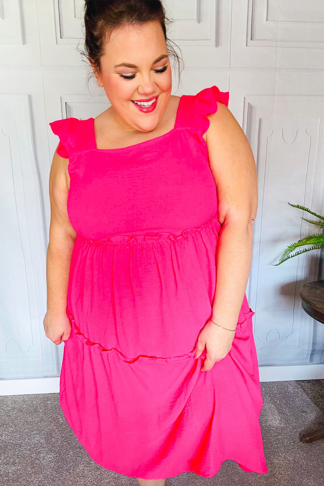 Lots To Love Fuchsia Smocked Flutter Sleeve Tiered Midi Dress | Nikki &amp; Co. Boutique