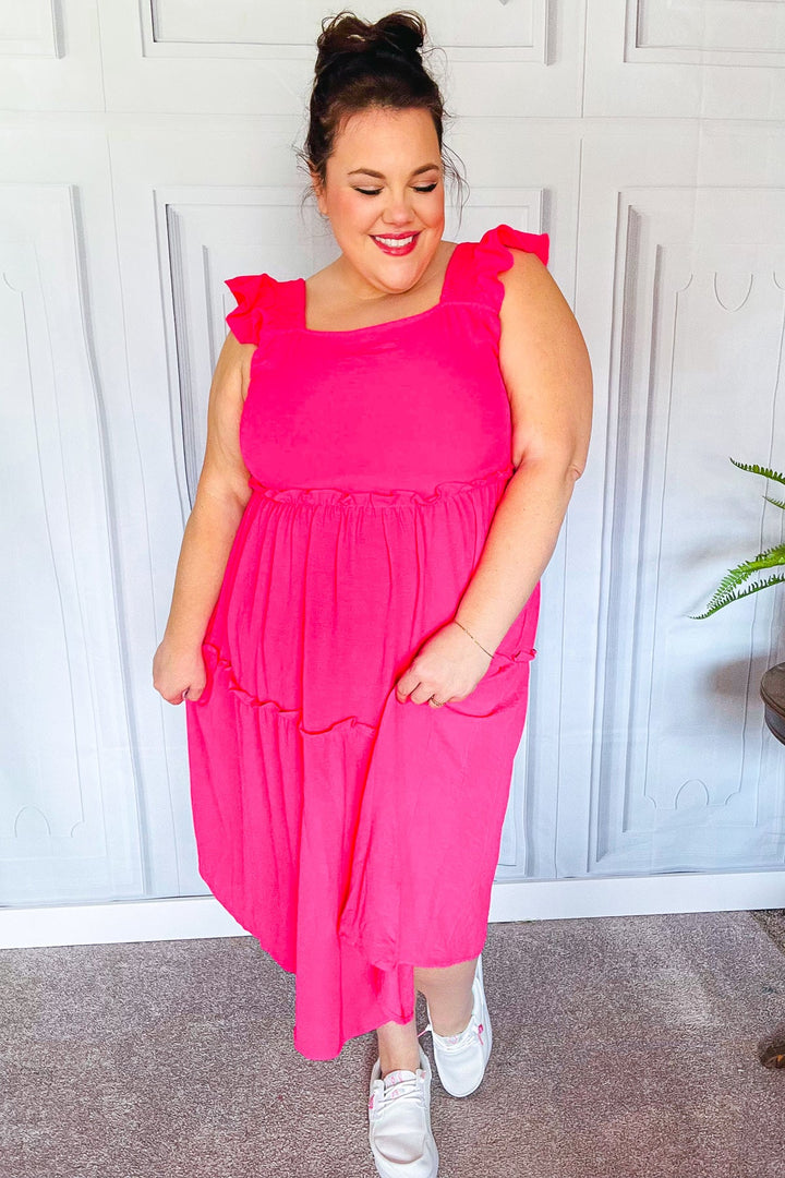 Lots To Love Fuchsia Smocked Flutter Sleeve Tiered Midi Dress | Nikki &amp; Co. Boutique
