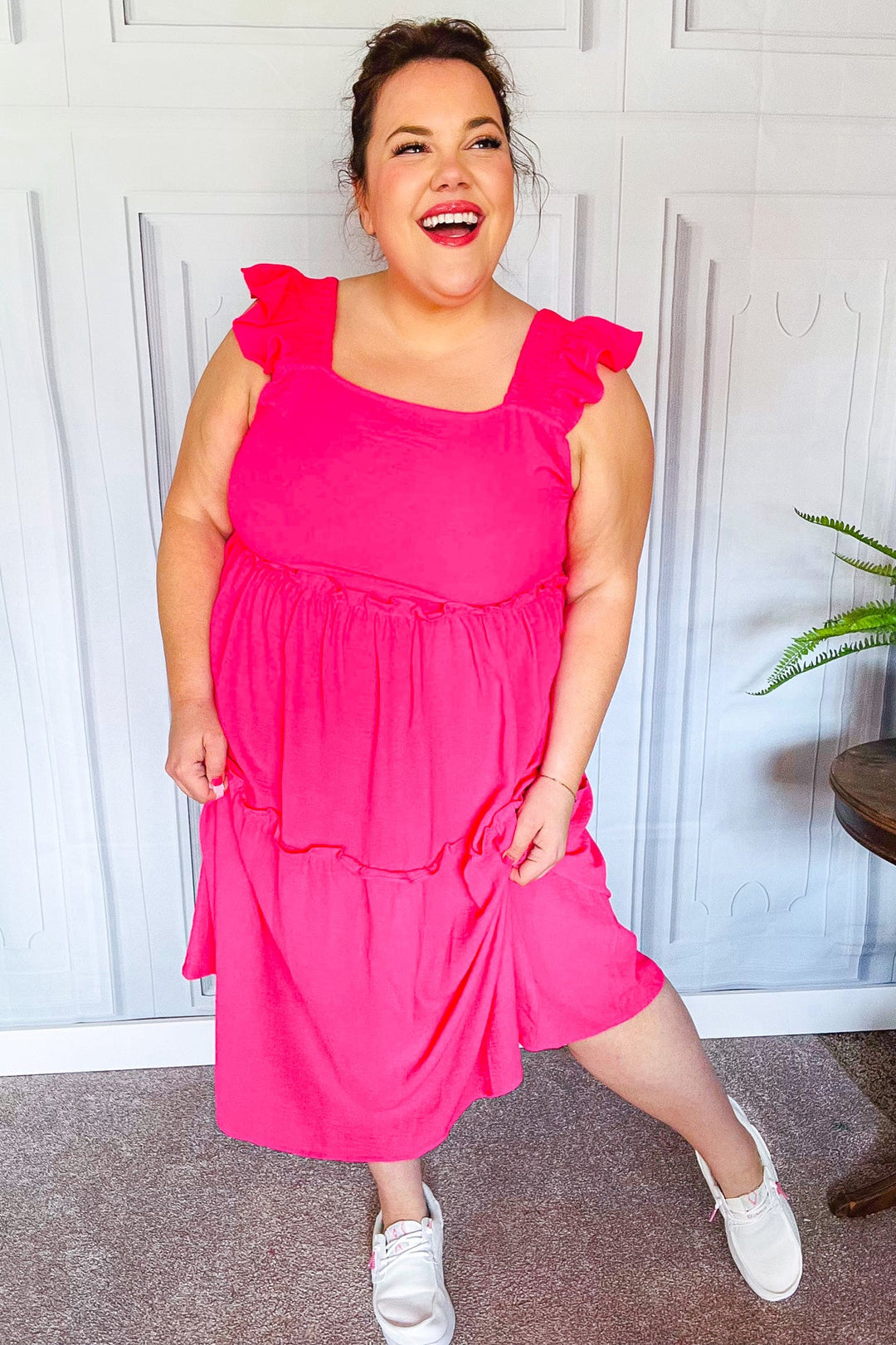 Lots To Love Fuchsia Smocked Flutter Sleeve Tiered Midi Dress | Nikki &amp; Co. Boutique