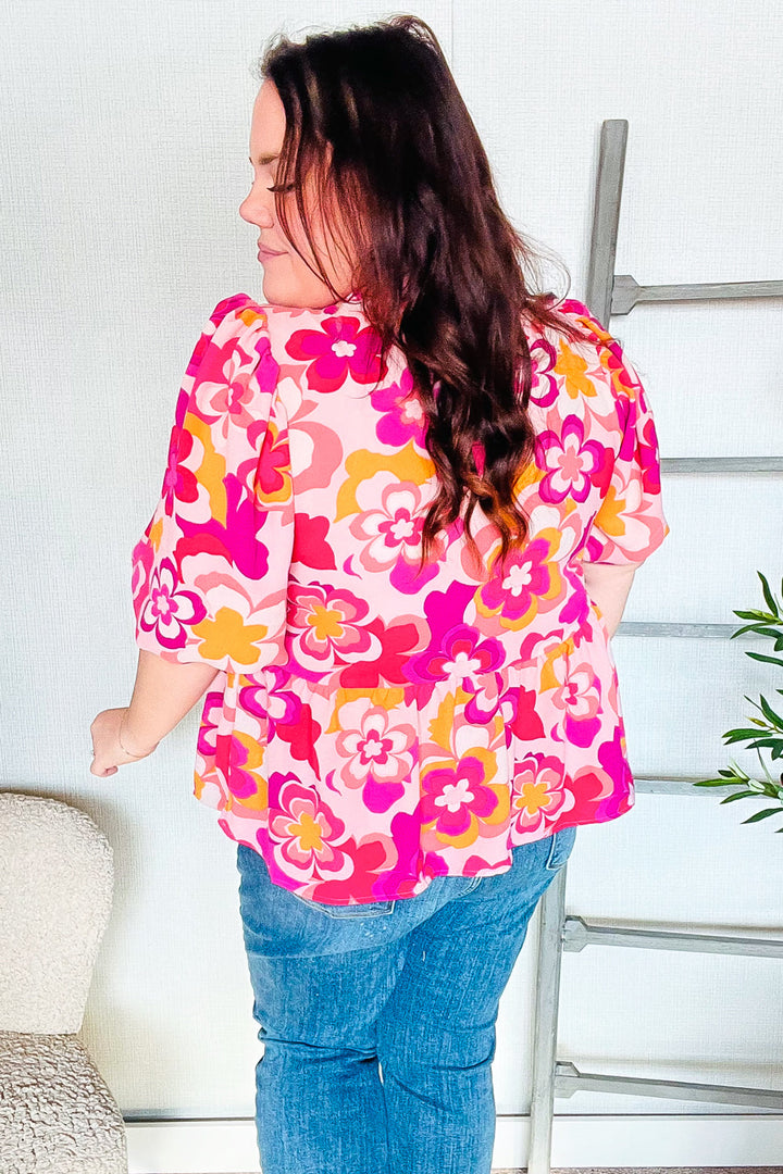 Find Love Pink/Yellow Floral Frill Balloon Shorts Sleeve Tops | Nikki &amp; Co. Boutique