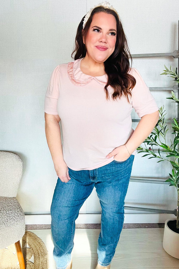 New Day Blush Flat Collar Floral French Terry Blouse - Nikki &amp; Co. Boutique