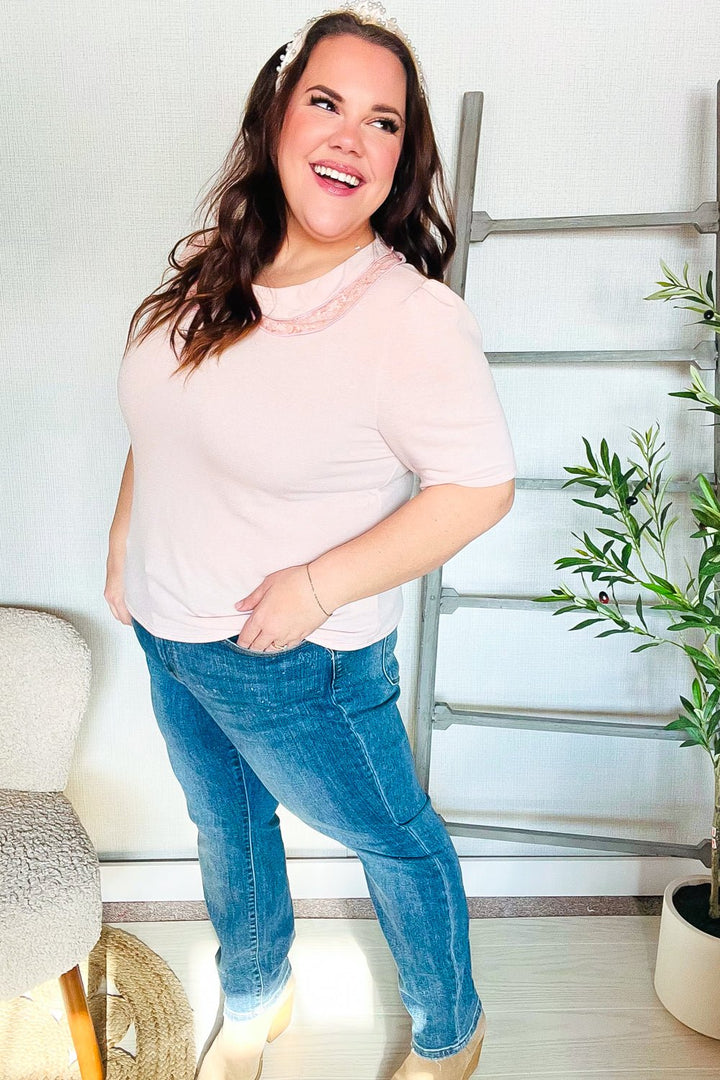 New Day Blush Flat Collar Floral French Terry Blouse - Nikki &amp; Co. Boutique