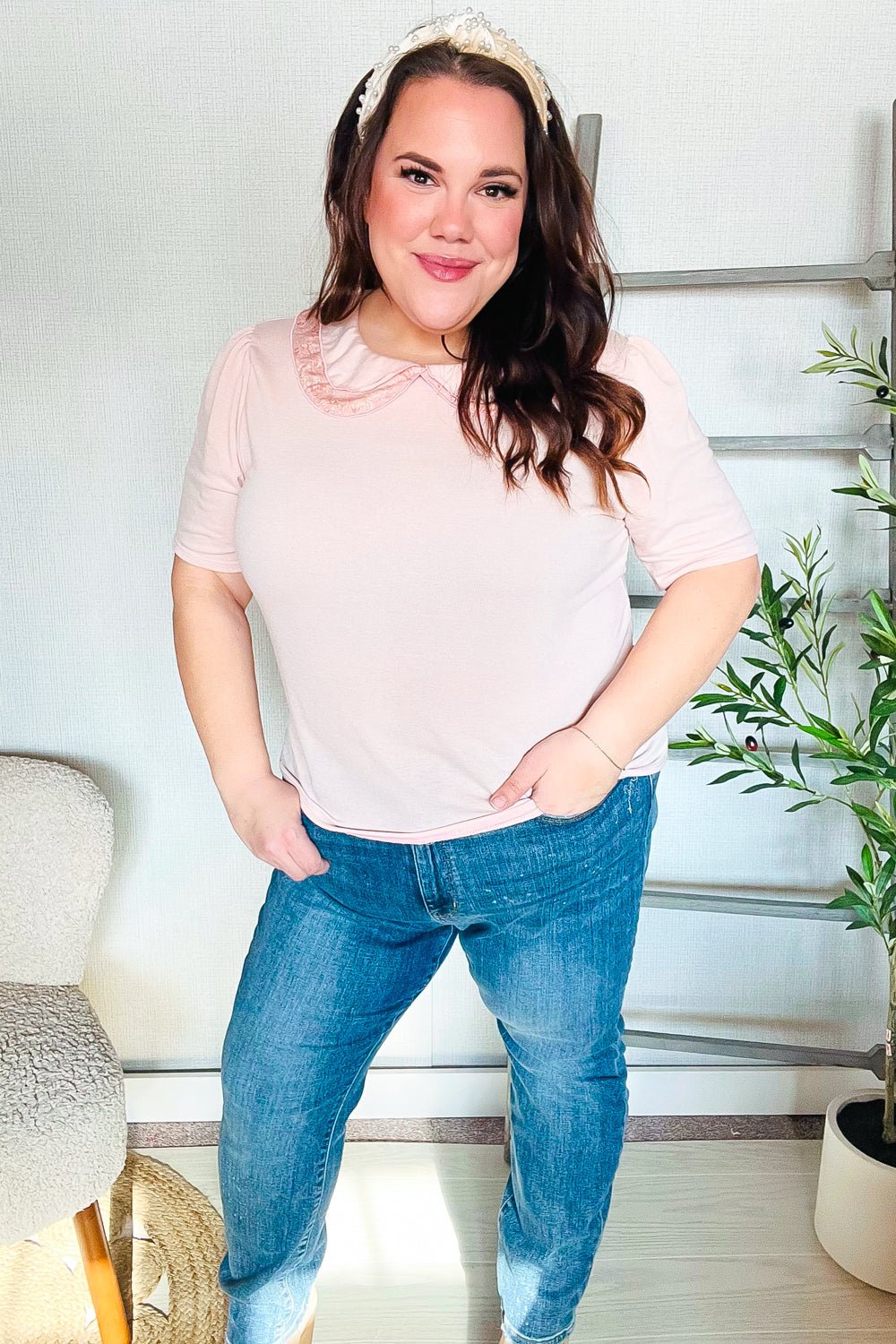 New Day Blush Flat Collar Floral French Terry Blouse - Nikki &amp; Co. Boutique