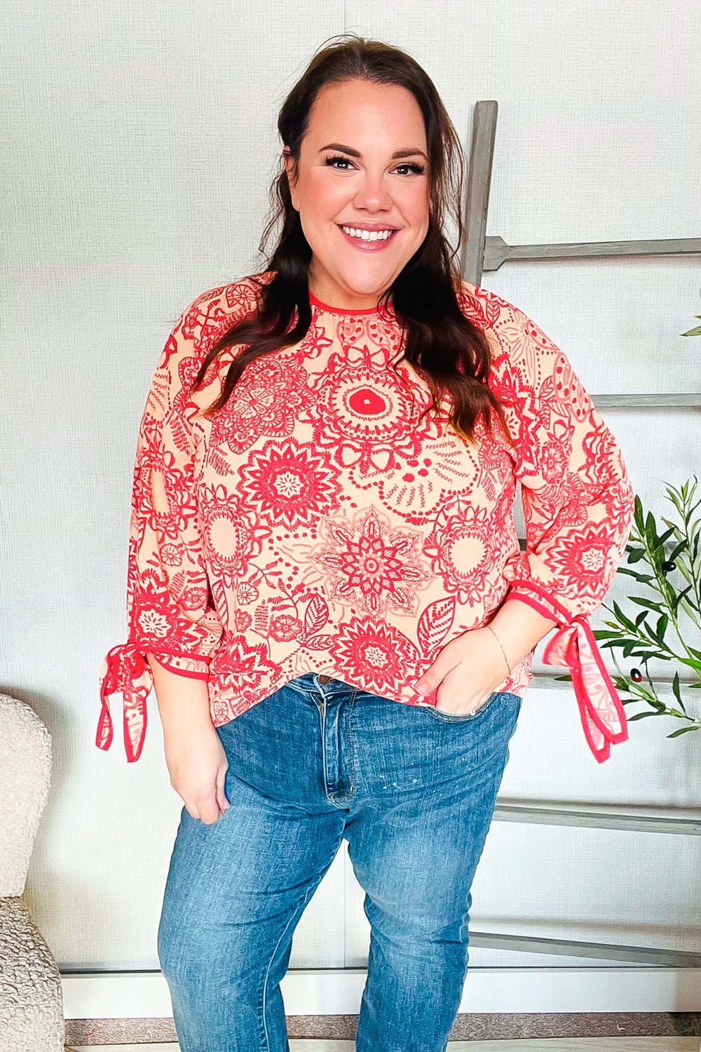 Be Bold Red &amp; Coral Floral Long Sleeve Bow Tie Contrast Binding Tops - Nikki &amp; Co. Boutique