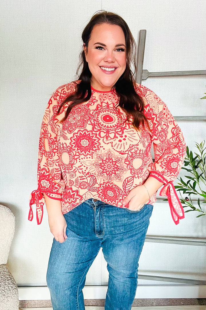 Be Bold Red &amp; Coral Floral Long Sleeve Bow Tie Contrast Binding Tops - Nikki &amp; Co. Boutique
