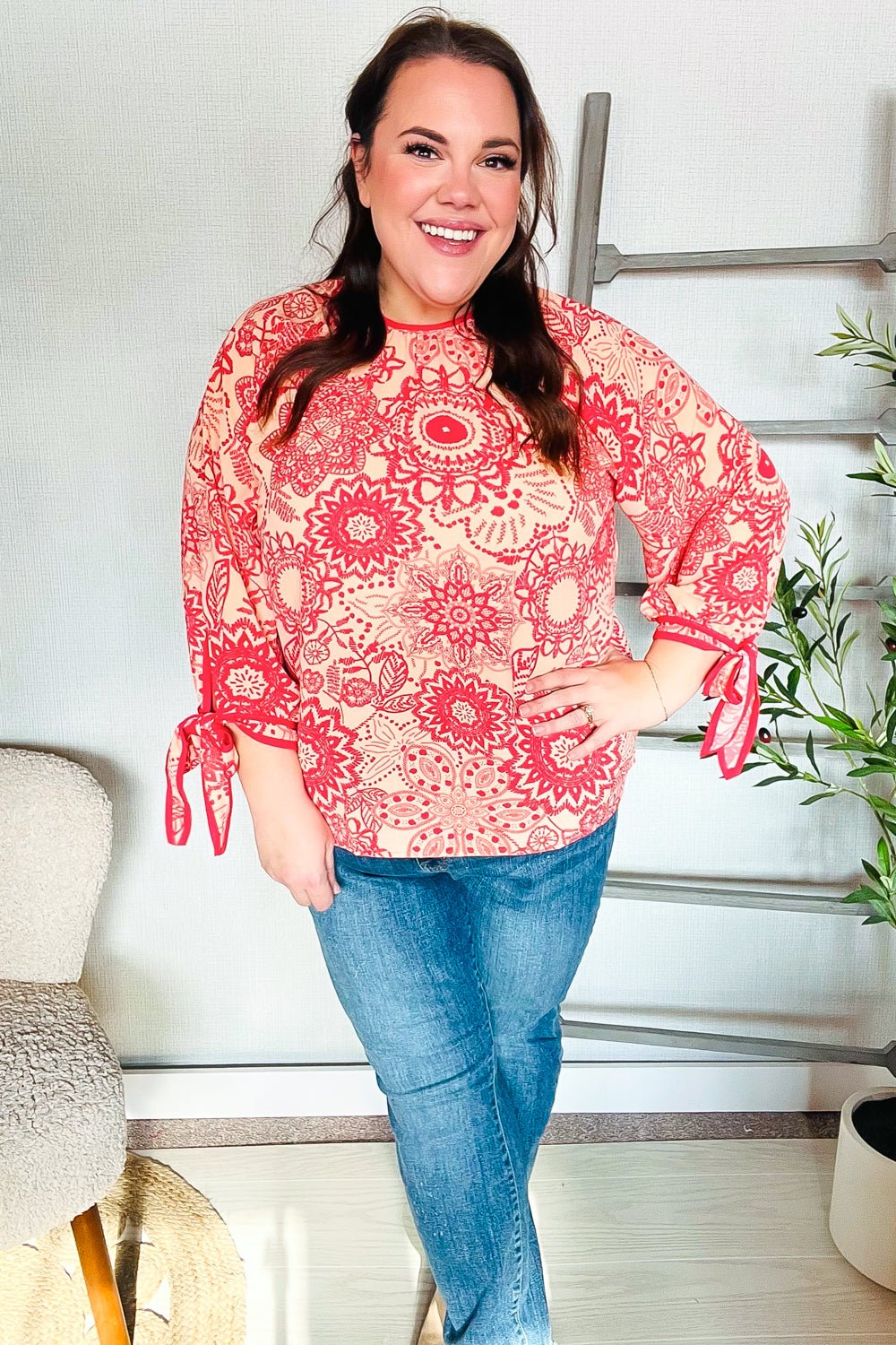 Be Bold Red &amp; Coral Floral Long Sleeve Bow Tie Contrast Binding Tops - Nikki &amp; Co. Boutique