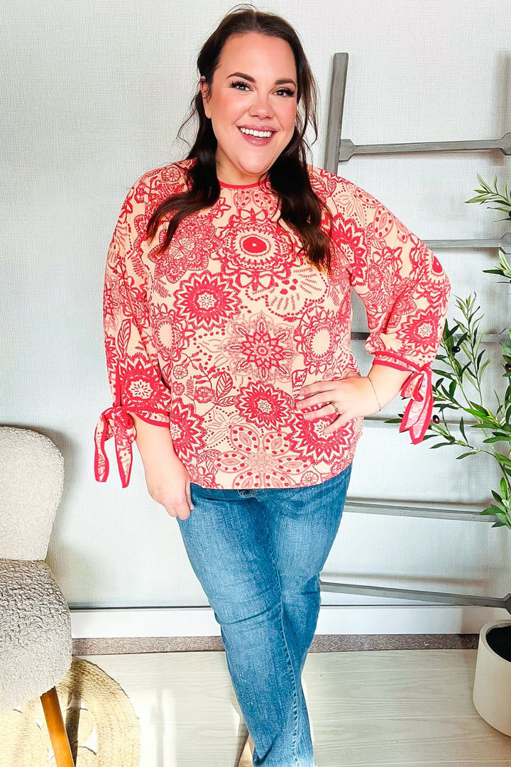 Be Bold Red &amp; Coral Floral Long Sleeve Bow Tie Contrast Binding Tops - Nikki &amp; Co. Boutique