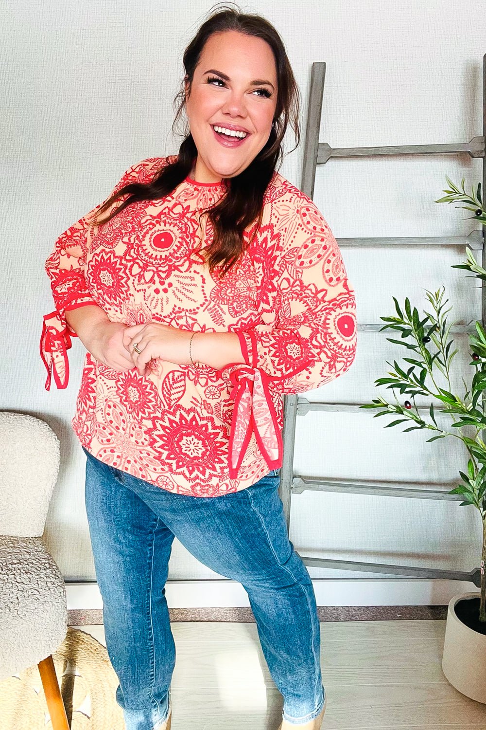 Be Bold Red &amp; Coral Floral Long Sleeve Bow Tie Contrast Binding Tops - Nikki &amp; Co. Boutique