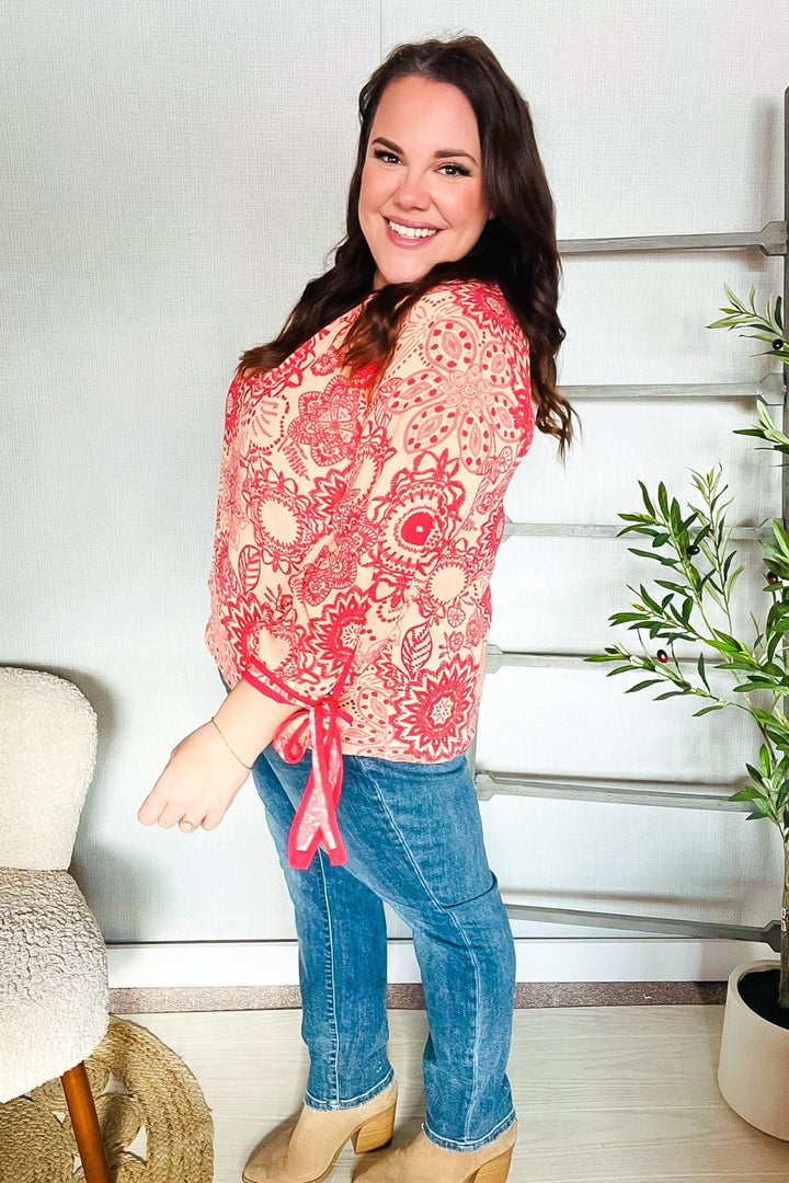 Be Bold Red &amp; Coral Floral Long Sleeve Bow Tie Contrast Binding Tops - Nikki &amp; Co. Boutique
