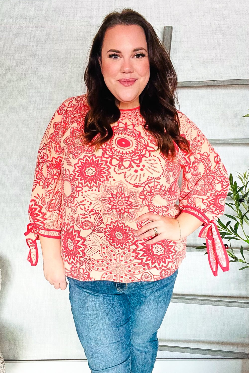 Be Bold Red &amp; Coral Floral Long Sleeve Bow Tie Contrast Binding Tops - Nikki &amp; Co. Boutique