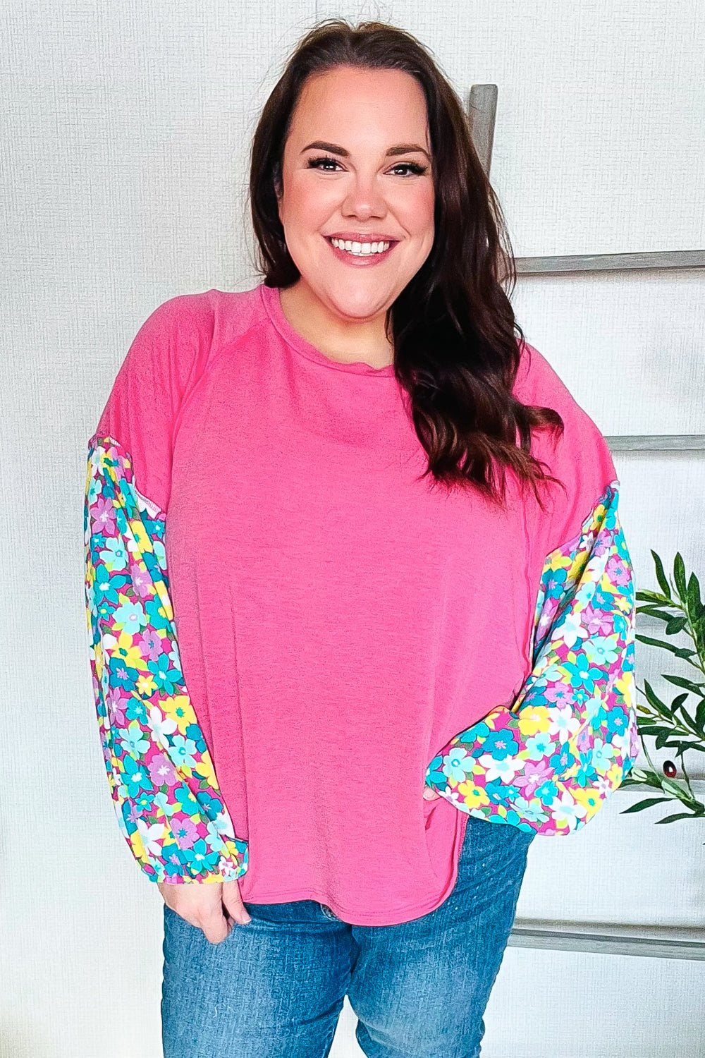 Lock Eyes Pink &amp; Floral Bubble Sleeve French Terry Pullover - Nikki &amp; Co. Boutique