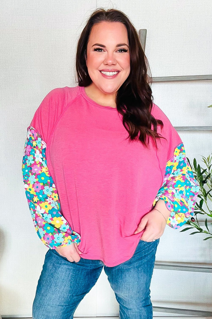Lock Eyes Pink &amp; Floral Bubble Sleeve French Terry Pullover - Nikki &amp; Co. Boutique