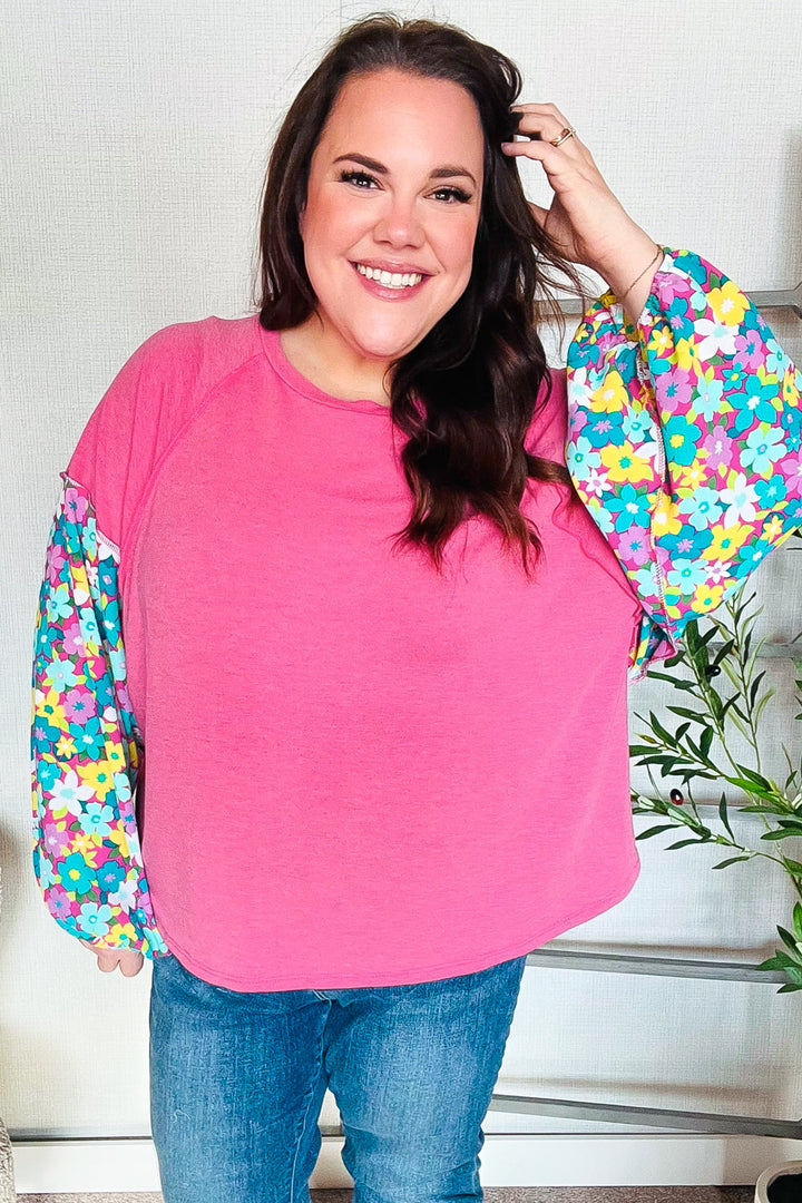 Lock Eyes Pink &amp; Floral Bubble Sleeve French Terry Pullover | Nikki &amp; Co. Boutique