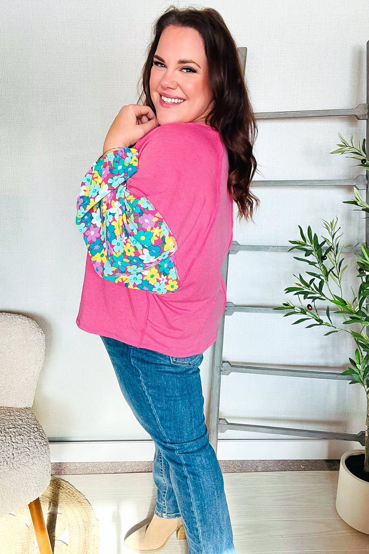 Lock Eyes Pink &amp; Floral Bubble Sleeve French Terry Pullover - Nikki &amp; Co. Boutique