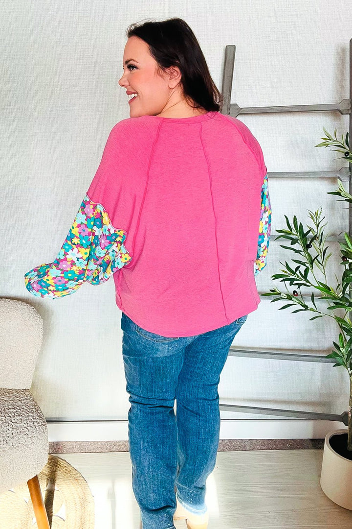 Lock Eyes Pink &amp; Floral Bubble Sleeve French Terry Pullover - Nikki &amp; Co. Boutique