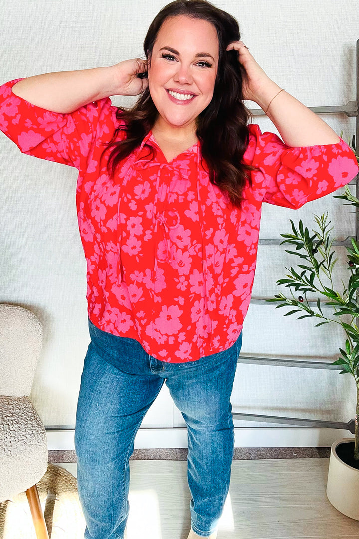 New Day Red Ribbon Bow Detail Floral Woven Blouse | Nikki &amp; Co. Boutique