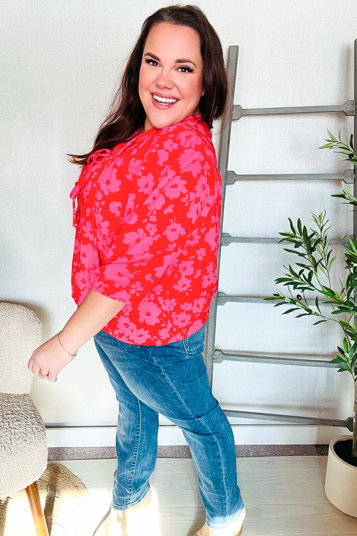 New Day Red Ribbon Bow Detail Floral Woven Blouse | Nikki &amp; Co. Boutique