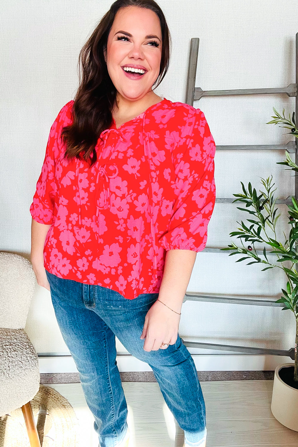 New Day Red Ribbon Bow Detail Floral Woven Blouse | Nikki &amp; Co. Boutique