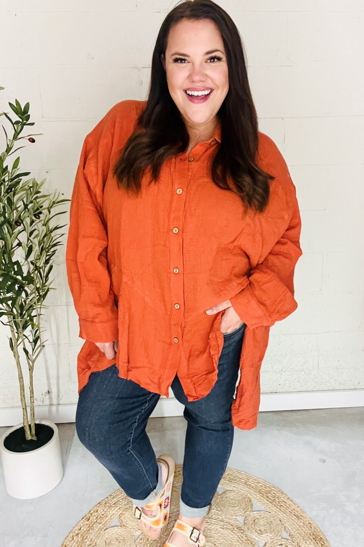 Everyday Rust Button Down Sharkbite Cotton Tunic Top - Nikki and Co Boutique