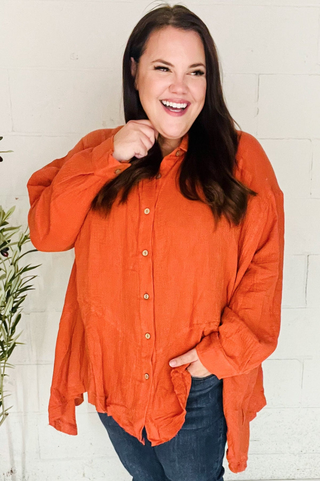 Everyday Rust Button Down Sharkbite Cotton Tunic Top | Nikki &amp; Co. Boutique