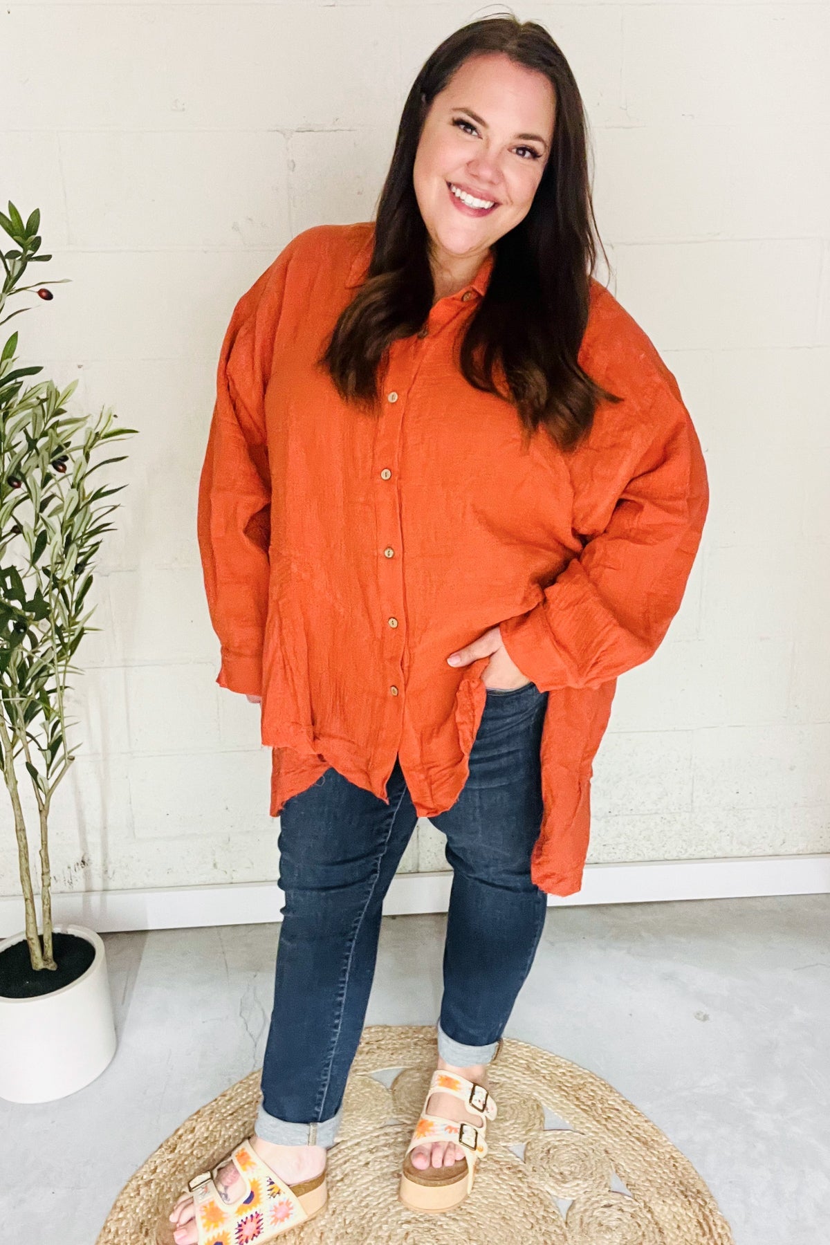 Everyday Rust Button Down Sharkbite Cotton Tunic Top - Nikki and Co Boutique