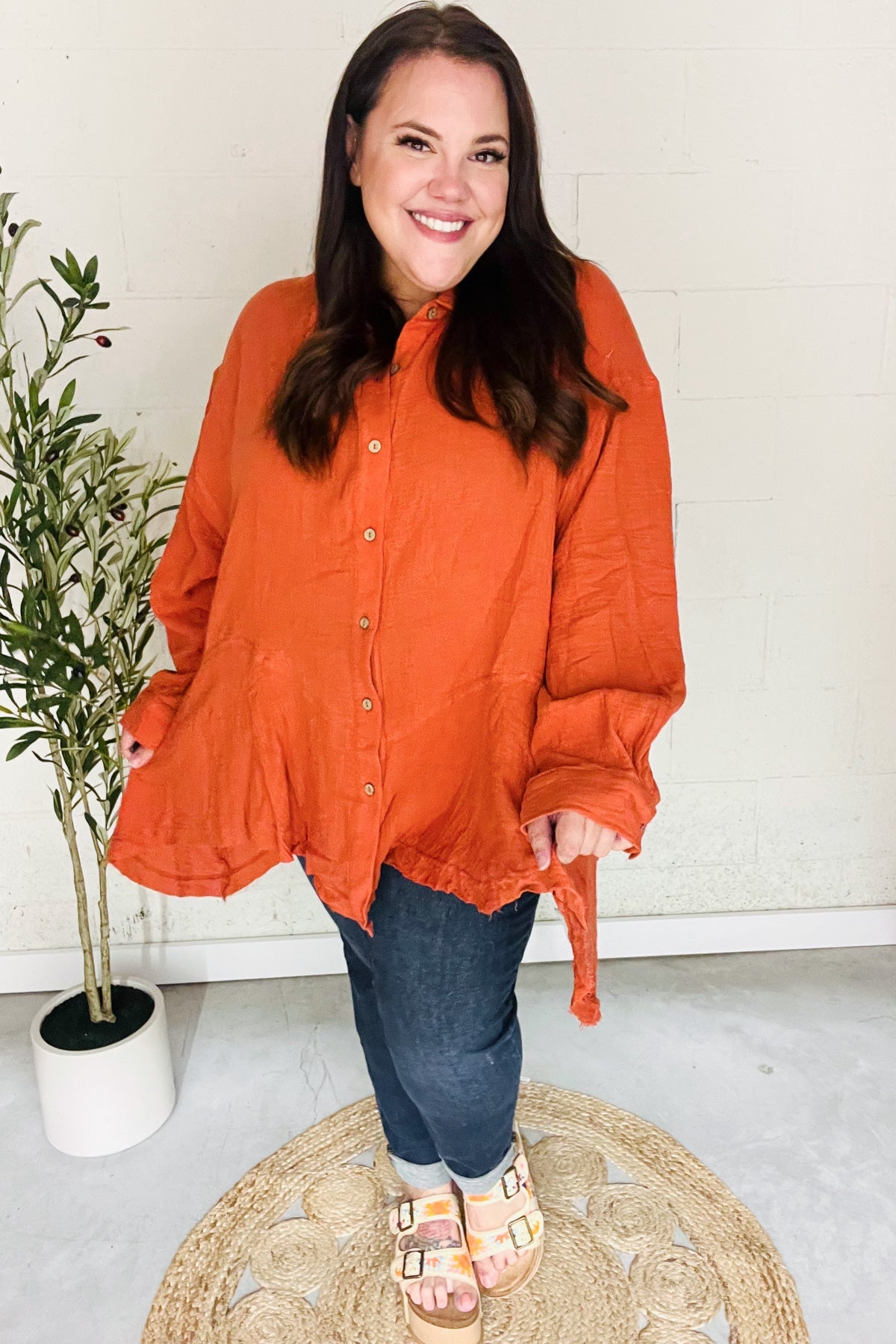 Everyday Rust Button Down Sharkbite Cotton Tunic Top - Nikki and Co Boutique