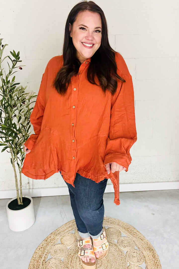 Everyday Rust Button Down Sharkbite Cotton Tunic Top | Nikki &amp; Co. Boutique