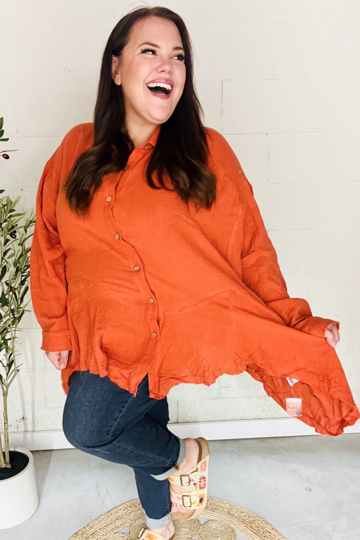Everyday Rust Button Down Sharkbite Cotton Tunic Top - Nikki and Co Boutique