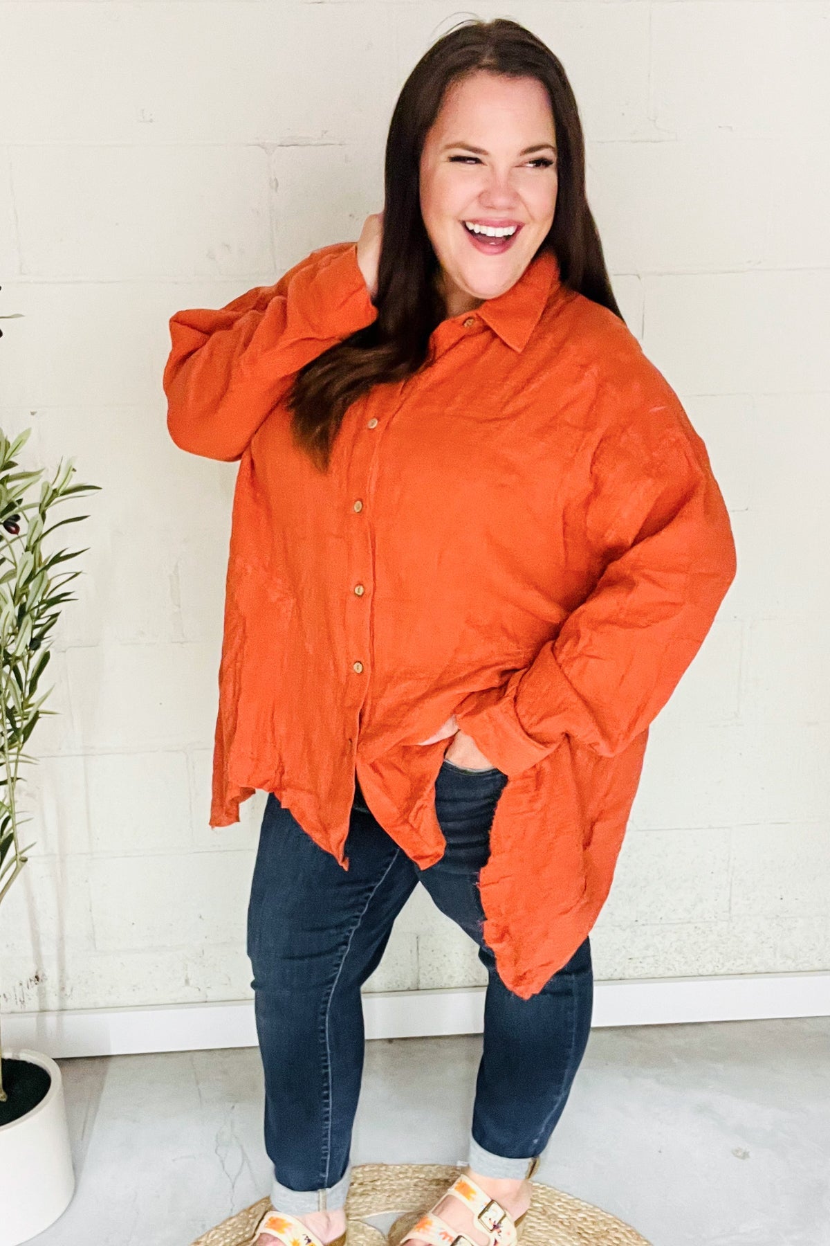Everyday Rust Button Down Sharkbite Cotton Tunic Top - Nikki and Co Boutique
