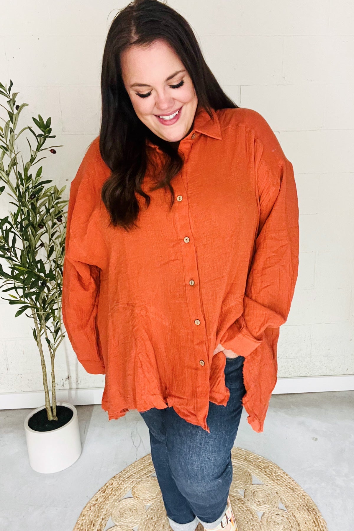 Everyday Rust Button Down Sharkbite Cotton Tunic Top - Nikki and Co Boutique