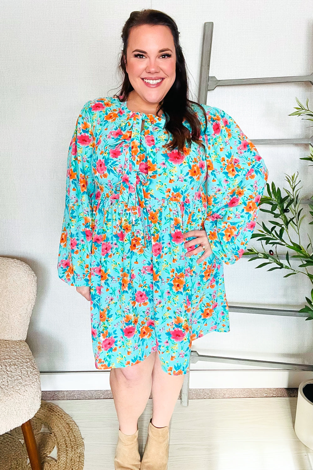 Feeling Femme Aqua Floral Ribbon Bow Tie Babydoll Dress | Nikki &amp; Co. Boutique