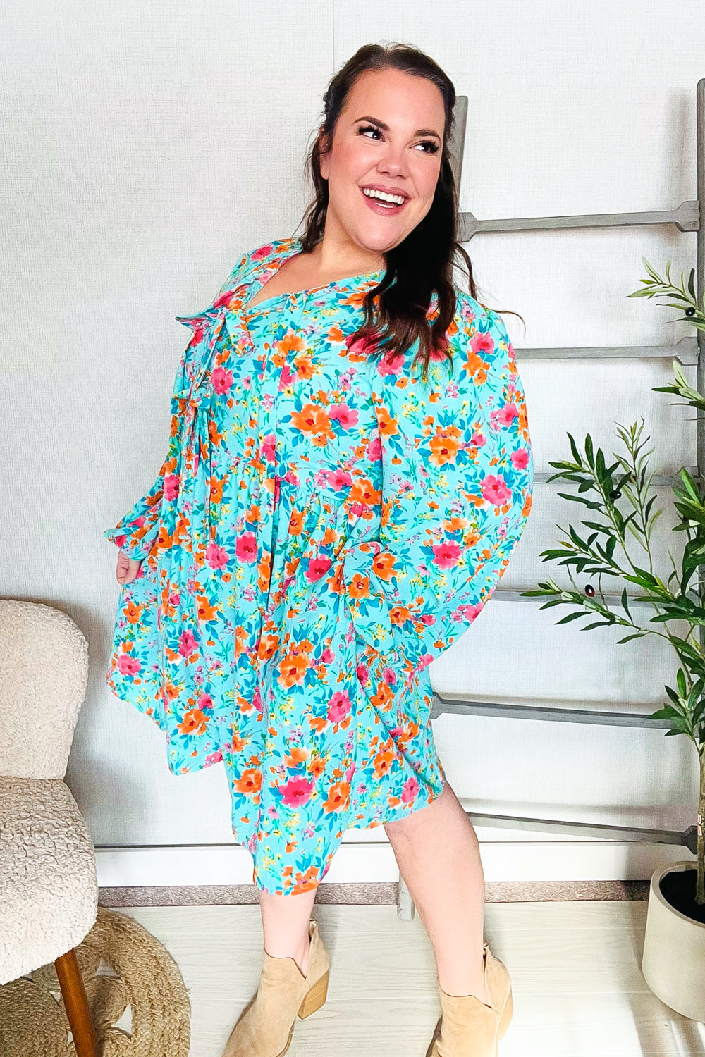 Feeling Femme Aqua Floral Ribbon Bow Tie Babydoll Dress | Nikki &amp; Co. Boutique