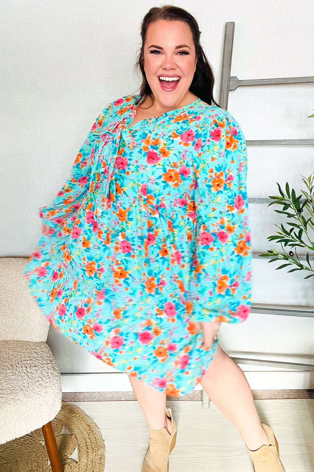 Feeling Femme Aqua Floral Ribbon Bow Tie Babydoll Dress | Nikki &amp; Co. Boutique