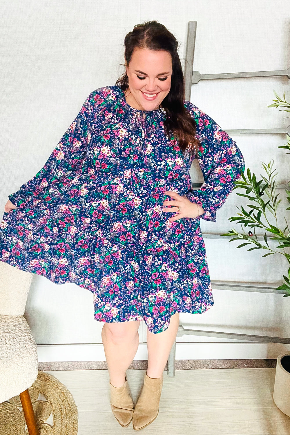 Feeling Joyful Navy Floral Bow Tie Babydoll Long Ruffle Sleeve Dress | Nikki &amp; Co. Boutique