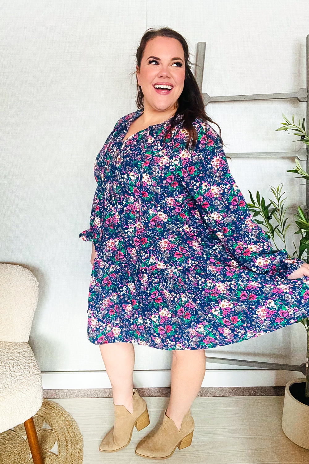Feeling Joyful Navy Floral Bow Tie Babydoll Long Ruffle Sleeve Dress | Nikki &amp; Co. Boutique