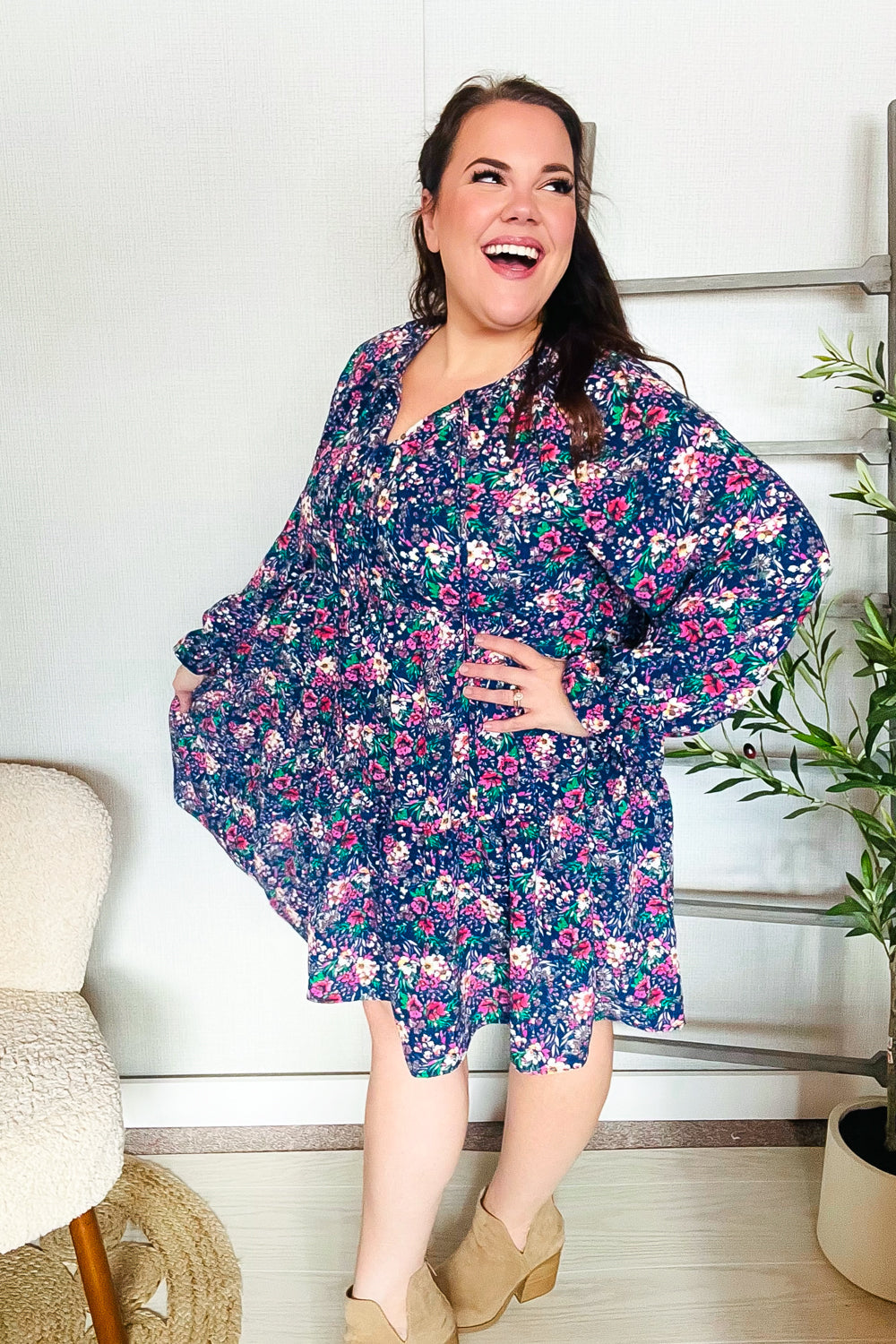 Feeling Joyful Navy Floral Bow Tie Babydoll Long Ruffle Sleeve Dress | Nikki &amp; Co. Boutique
