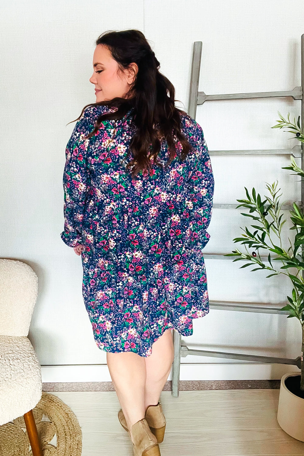 Feeling Joyful Navy Floral Bow Tie Babydoll Long Ruffle Sleeve Dress | Nikki &amp; Co. Boutique