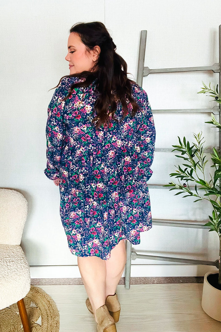 Feeling Joyful Navy Floral Bow Tie Babydoll Long Ruffle Sleeve Dress | Nikki &amp; Co. Boutique