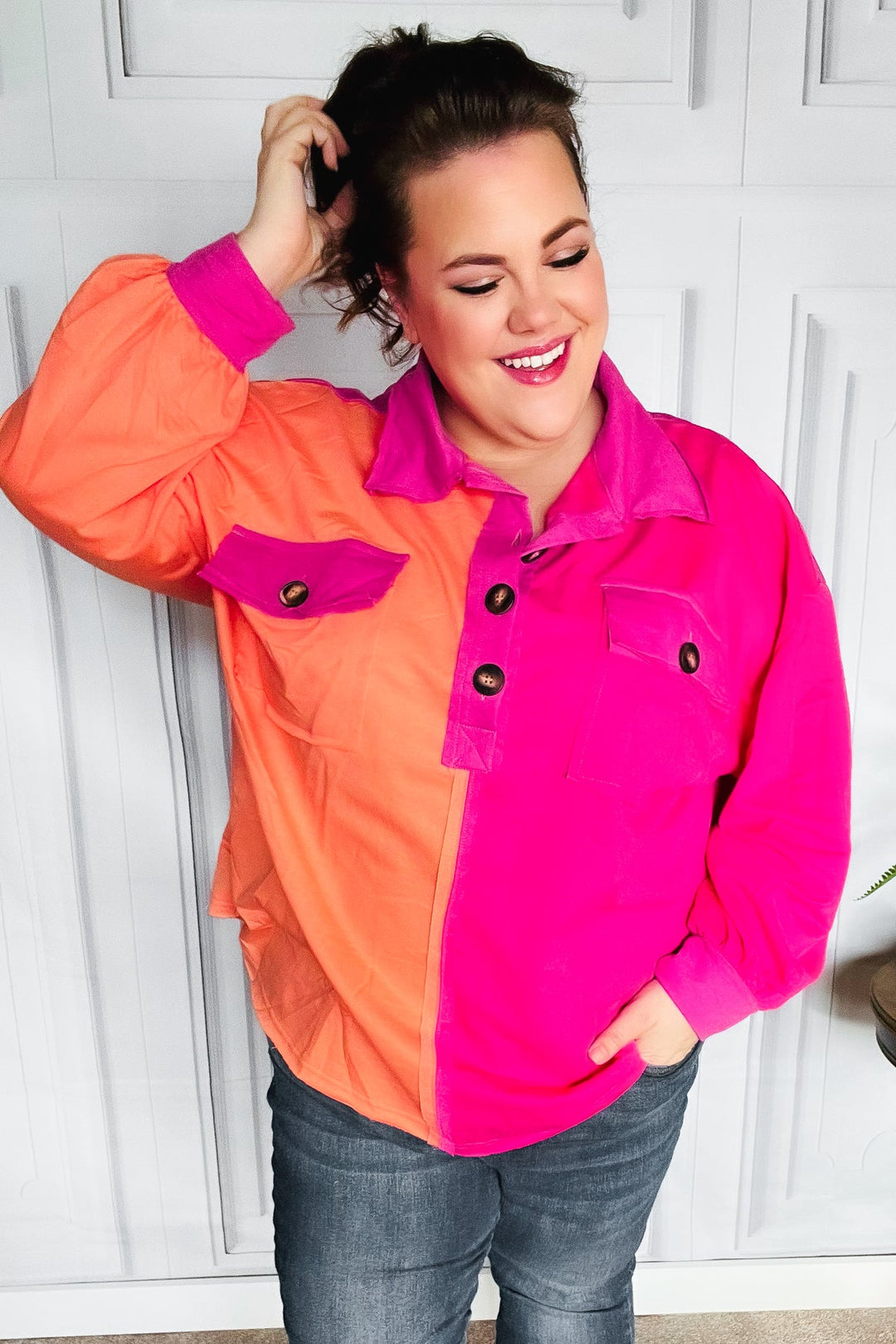 Feeling Bold Orange &amp; Fuchsia Color Block Button Down Top | Nikki &amp; Co. Boutique