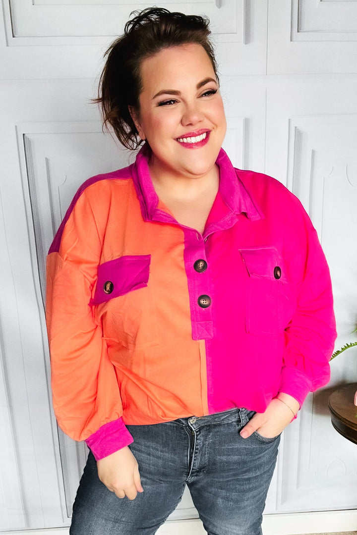 Feeling Bold Orange &amp; Fuchsia Color Block Button Down Top | Nikki &amp; Co. Boutique