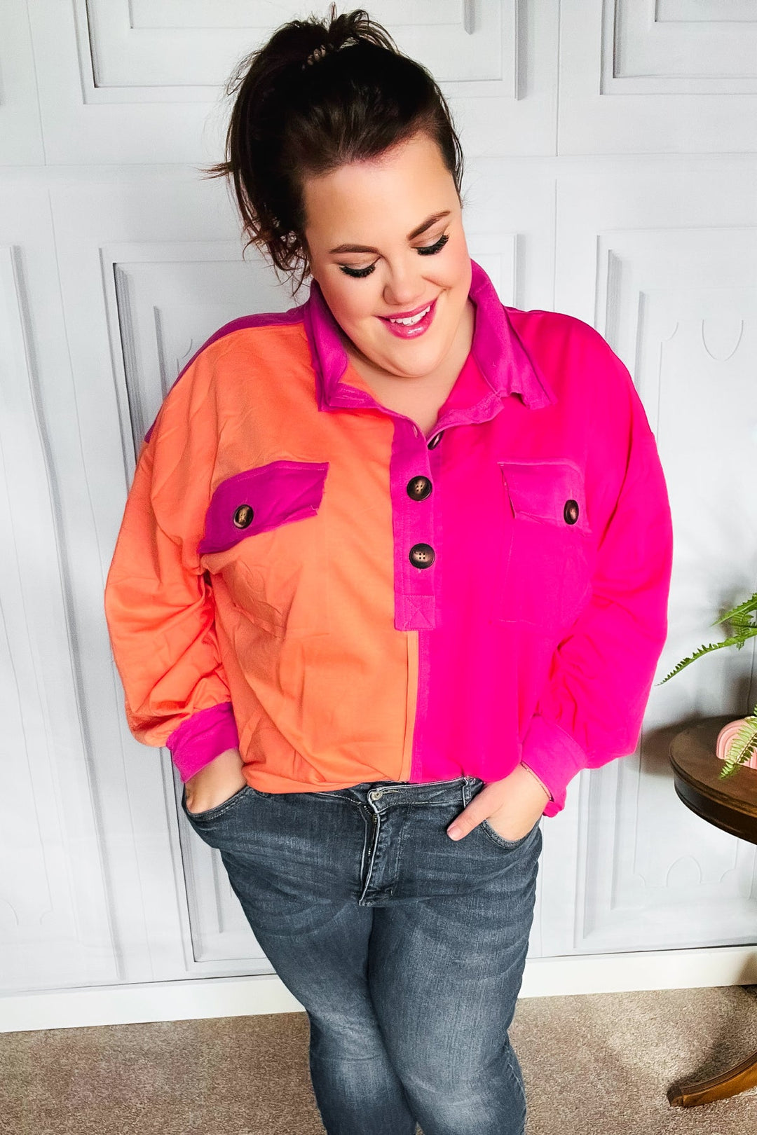 Feeling Bold Orange &amp; Fuchsia Color Block Button Down Top | Nikki &amp; Co. Boutique