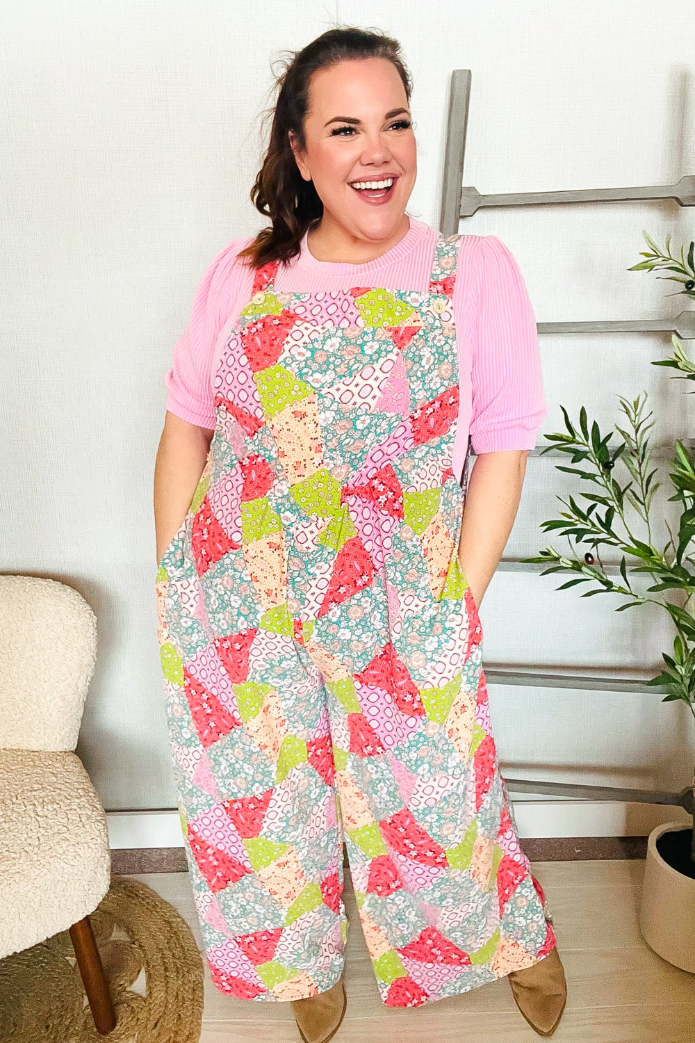 Stand Out Multicolor Boho Patchwork Wide Leg Overall Jumpsuit | Nikki &amp; Co. Boutique
