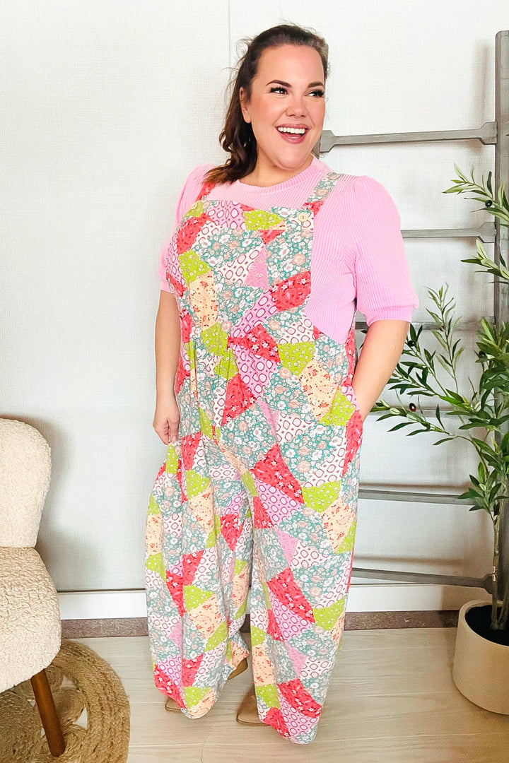 Stand Out Multicolor Boho Patchwork Wide Leg Overall Jumpsuit | Nikki &amp; Co. Boutique