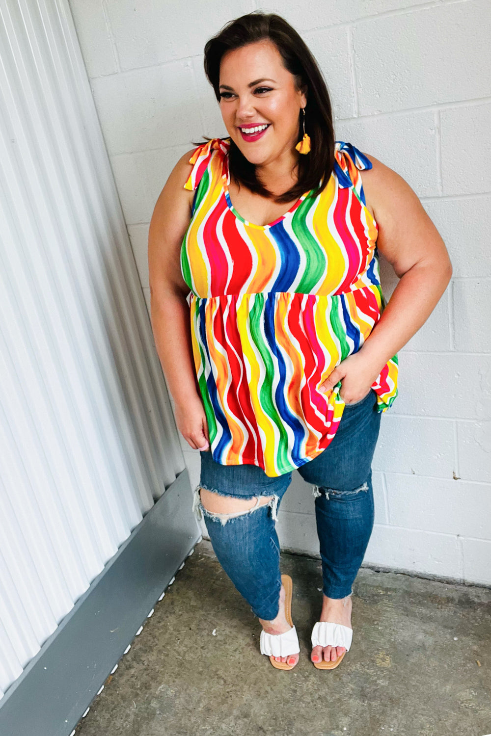 Multicolor Wavy Stripe Shoulder Tie Detail Tops | Nikki &amp; Co. Boutique