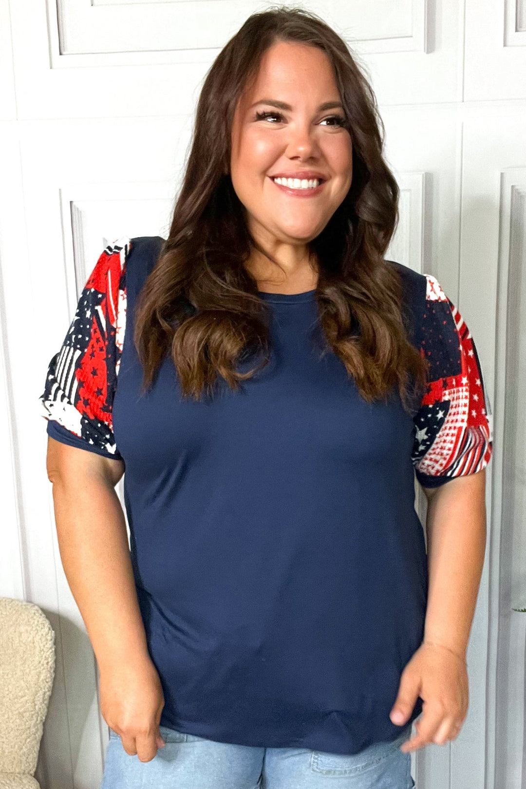 Stand-Out Navy Patriotic Patchwork Puff Sleeve Tops | Nikki &amp; Co. Boutique