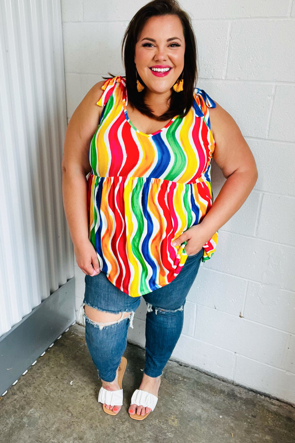 Multicolor Wavy Stripe Shoulder Tie Detail Tops | Nikki &amp; Co. Boutique