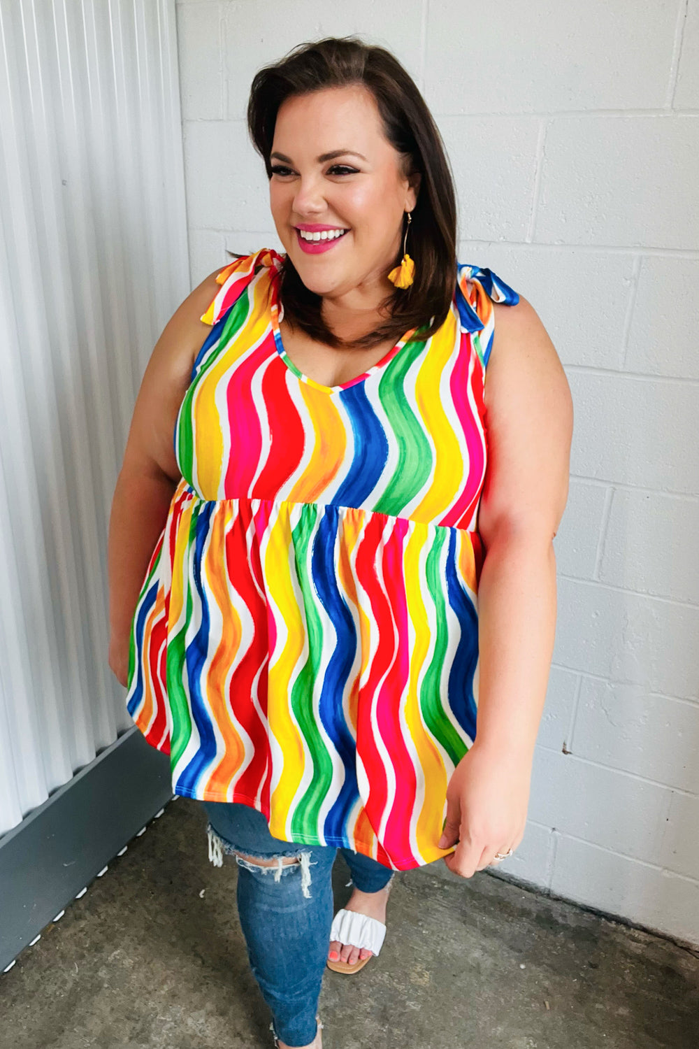 Multicolor Wavy Stripe Shoulder Tie Detail Tops | Nikki &amp; Co. Boutique