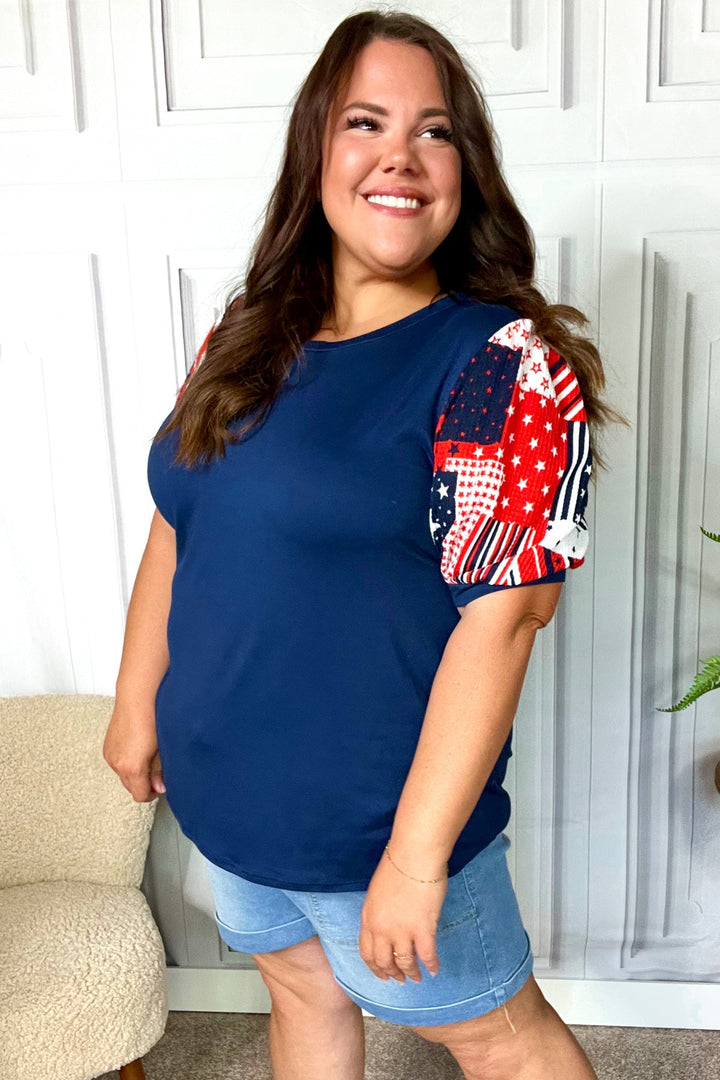 Stand-Out Navy Patriotic Patchwork Puff Sleeve Tops | Nikki &amp; Co. Boutique