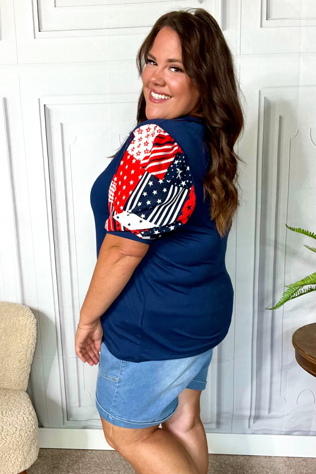 Stand-Out Navy Patriotic Patchwork Puff Sleeve Tops | Nikki &amp; Co. Boutique